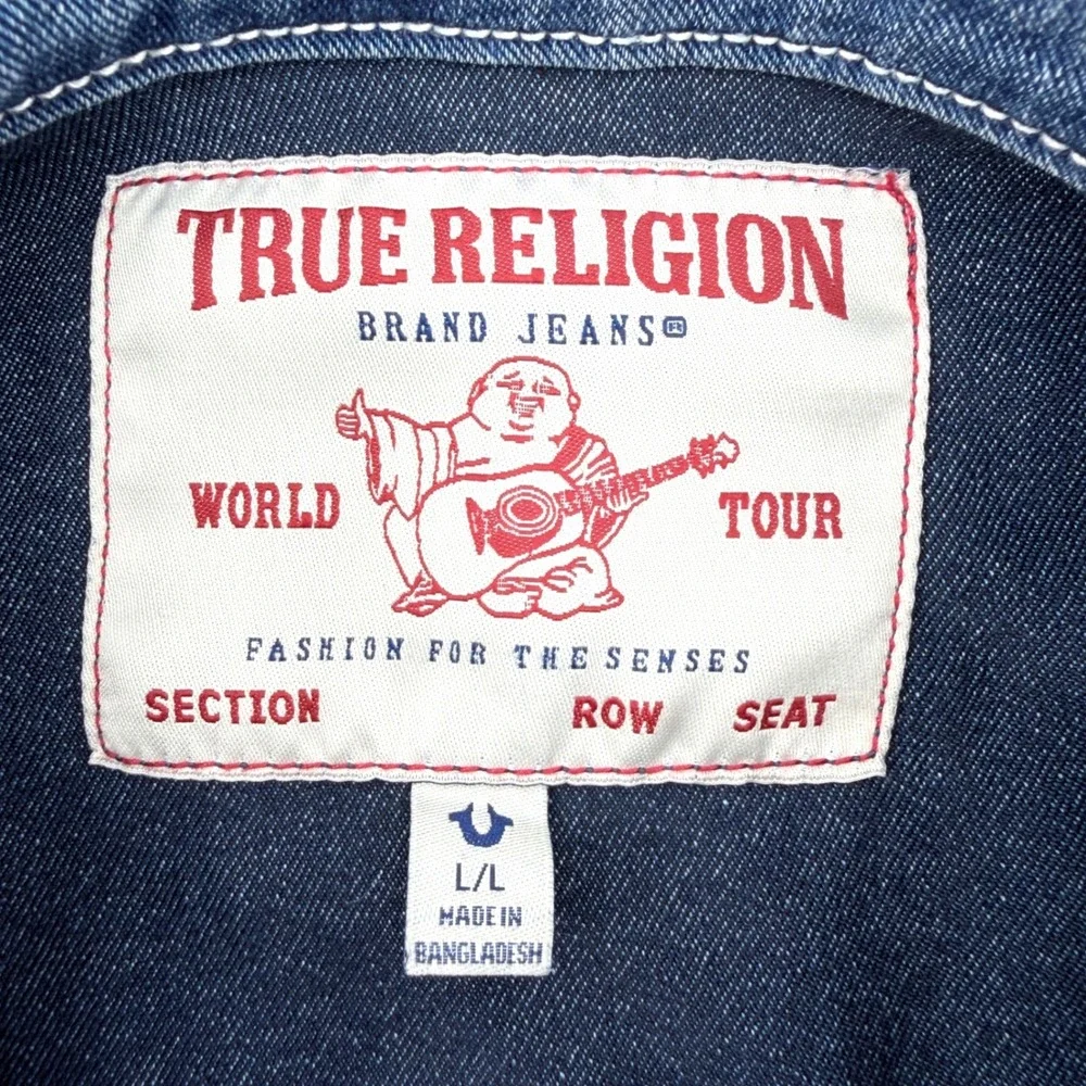 True Religion Denim Trucker Jacket Mens L Blue Excellent Stretch Horseshoe‎ Logo